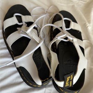 White and Black Sandals with Yellow Stitching